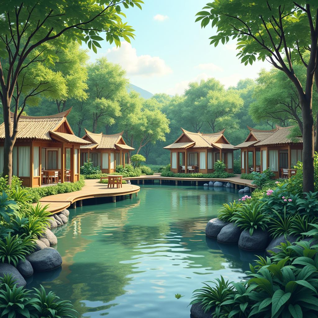 Không gian xanh mát, ao hồ và chòi lá tại Làng Ẩm Thực Sinh Thái Bình Xuyên mang lại cảm giác yên bình.